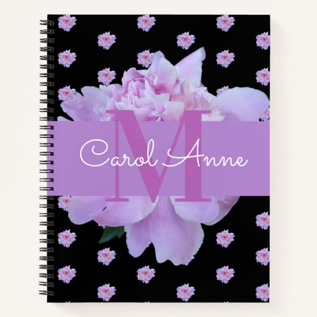 Cuaderno Pink Peony Flower Purple Monograma negro (Anverso)
