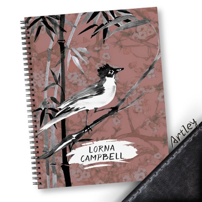 Cuaderno Pink Watercolor Bird Bamboo Nombre personalizado (Subido por el creador)