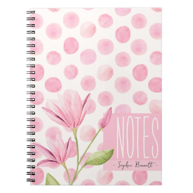Cuaderno Pink Watercolor Polka Dots & Flowers (Frente)