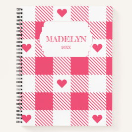 Cuaderno pink &white checkered heart pattern monogram name