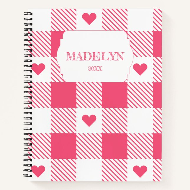 Cuaderno pink &white checkered heart pattern monogram name (Anverso)