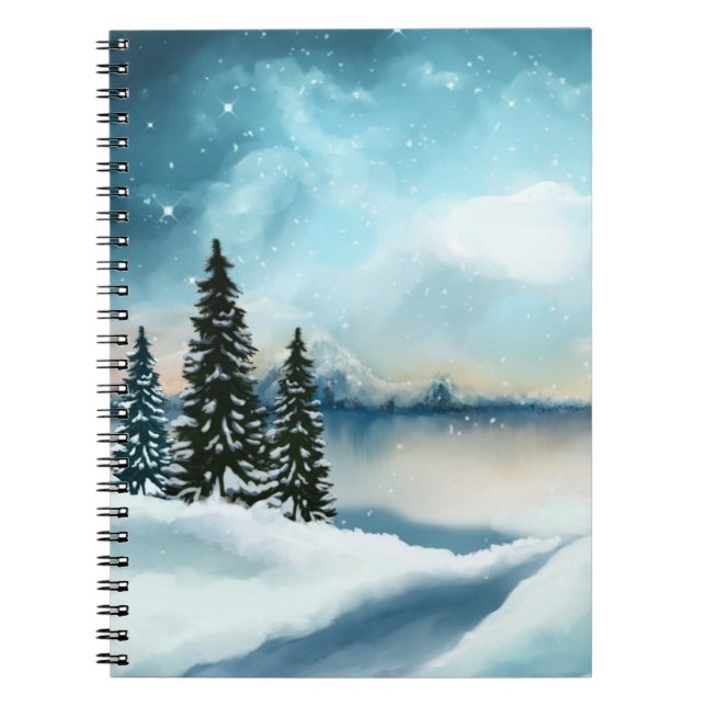 Cuaderno Pinos nevados cerca de un lago (Frente)