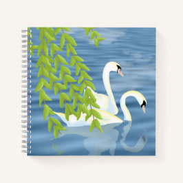 Cuaderno Pintando la pareja azul y verde de cisnes en el la