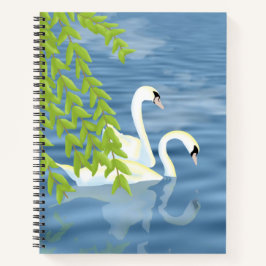 Cuaderno Pintando la pareja azul y verde de cisnes en el la