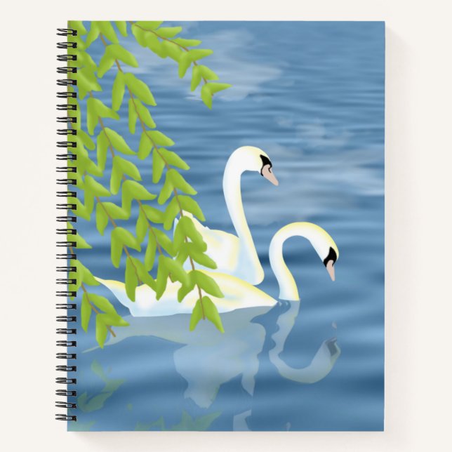Cuaderno Pintando la pareja azul y verde de cisnes en el la (Anverso)