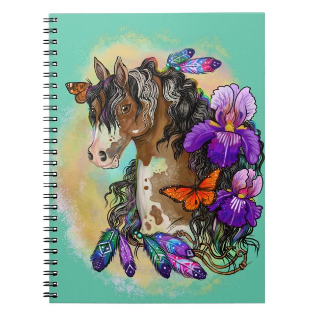 Cuaderno Pintar caballo Mustang con iris y mariposas (Frente)