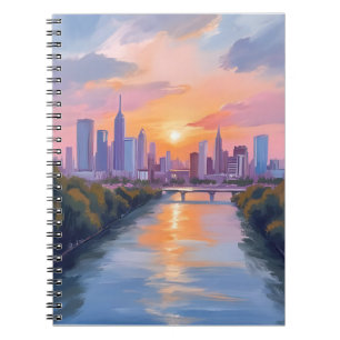 Cuaderno Pintura al aguarela del paisaje urbano al atardece