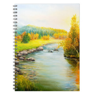 Cuaderno pintura al óleo de bello paisaje otoñal, bosque