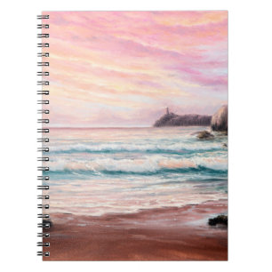Cuaderno pintura al óleo de una hermosa puesta de sol púrpu