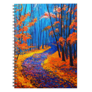 Cuaderno pintura al óleo que muestra el hermoso bosque de o