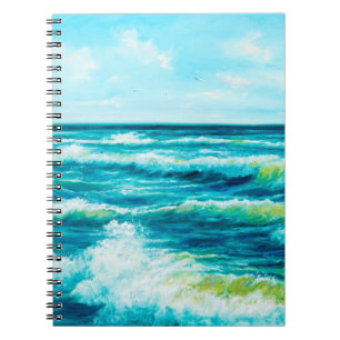 Cuaderno pintura al óleo que muestra olas en el océano o el