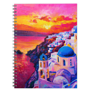 Cuaderno pintura al óleo sobre lienzo. Atardecer sobre la i