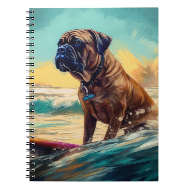 Cuaderno Pintura de Bullmastiff Beach Surfing (Frente)