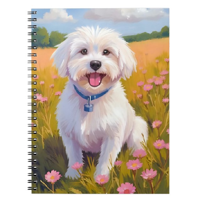 Cuaderno Pintura de Campo de Flores con Perro Maltés (Frente)