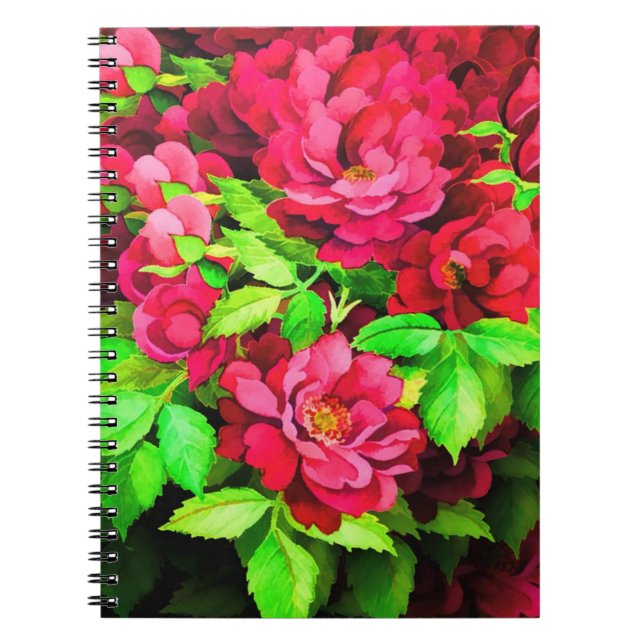 Cuaderno Pintura de hojas verdes de flores rojas (Frente)