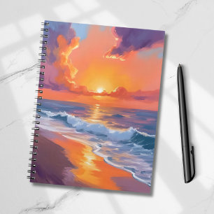 Cuaderno Pintura de la playa del océano puesta de sol naran