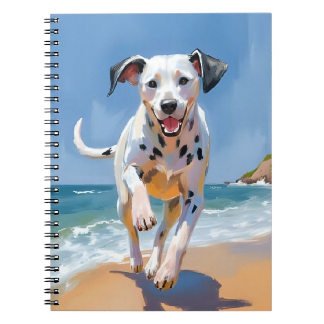 Cuaderno Pintura de mascota de perro dálmata en la playa en (Frente)