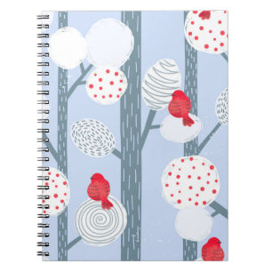 Cuaderno Pinzones navideños, árboles, bosque vintage.