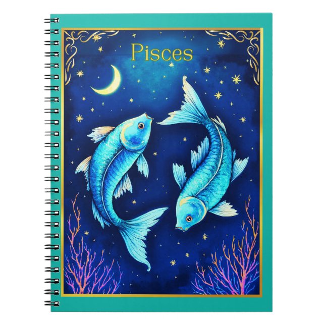 Cuaderno Pisces Zodiac Fish Swimming in Cosmic Waters (Frente)