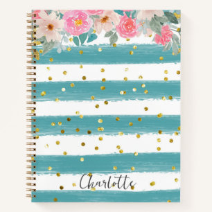 Cuaderno Pistacho y franjas blancas Floral y Purpurina rosa