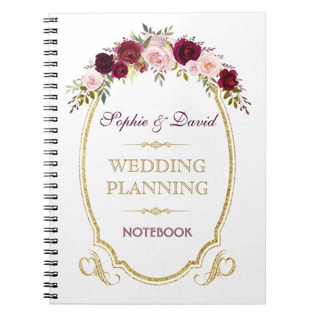 Cuaderno Plan de Boda Floral de Borgoña Marsala (Frente)