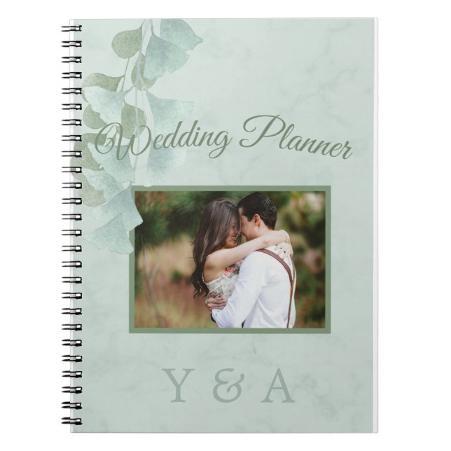 Cuaderno Planeador de bodas con foto del follaje verde Euca (Frente)