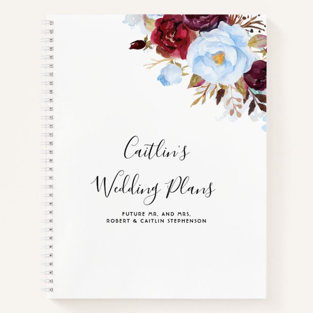 Cuaderno Planes de Boda floral azul y borgoña (Anverso)