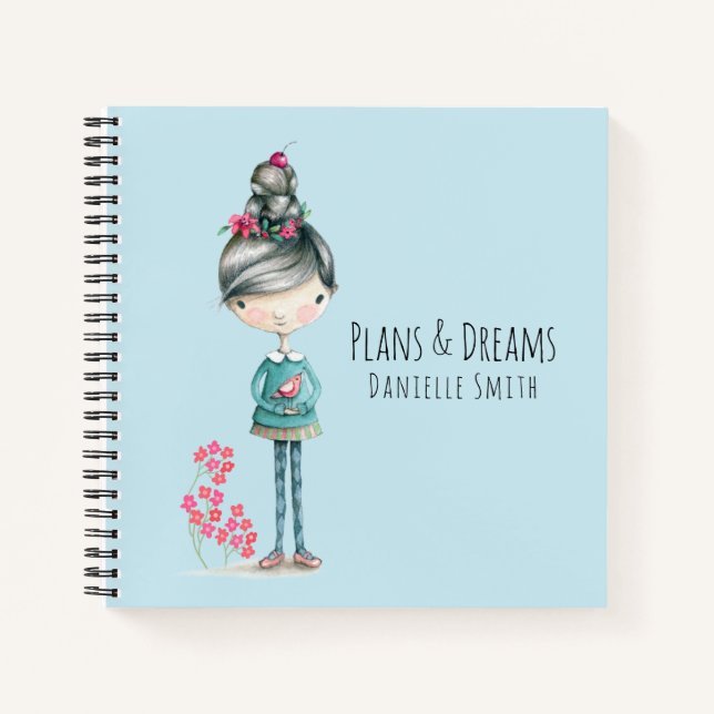 Cuaderno "Planes y sueños" Chica De Boho Con Pájaro (Anverso)