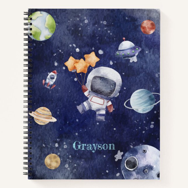Cuaderno Planeta de acuarela astronauta personalizada (Anverso)
