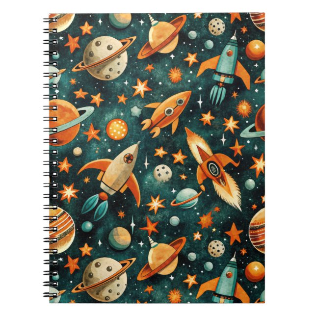 Cuaderno Planeta Naranja Teal Espacio Atómico de Mitad de S (Frente)