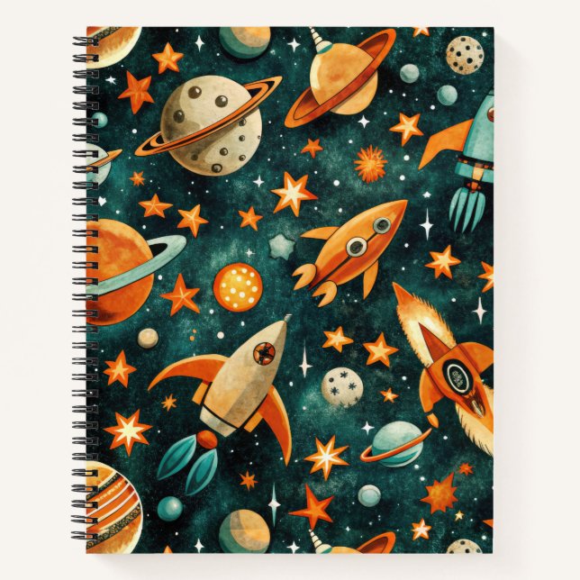Cuaderno Planeta Naranja Teal Espacio Atómico de Mitad de S (Anverso)