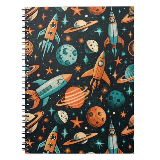 Cuaderno Planeta Naranja Teal Espacio Atómico de Mitad de S (Frente)