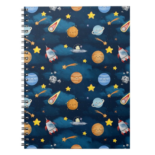 Cuaderno Planetas del Espacio Exterior Azul Patrón Continuo (Frente)