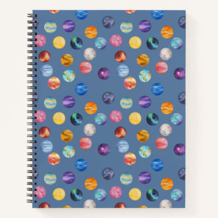Cuaderno Planetas en patrón de dibujo de acuarela - azul