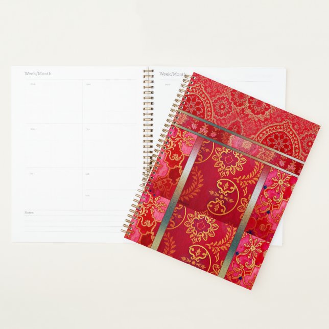 Cuaderno, Planificador con patrón dorado rojo orie (Demostración)