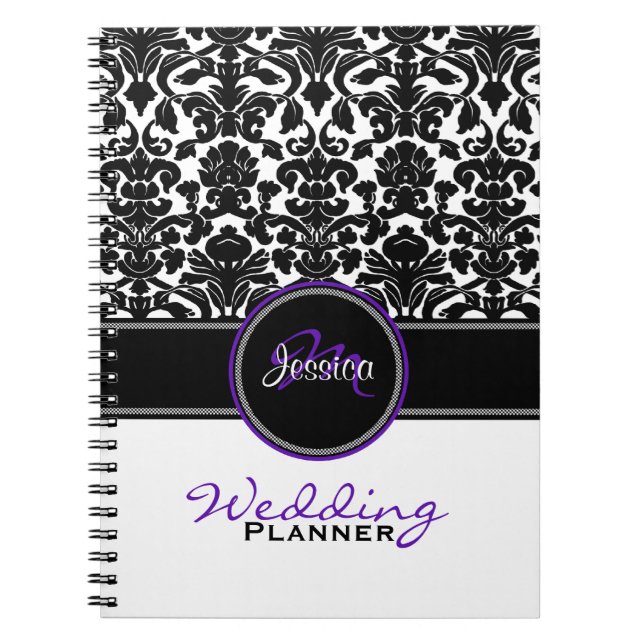 Cuaderno Planificador de Boda de Damasco Morado Negro Blanc (Frente)