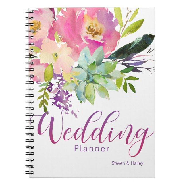 Cuaderno Planificador de Boda de Flor de Acuarela Suculenta (Frente)