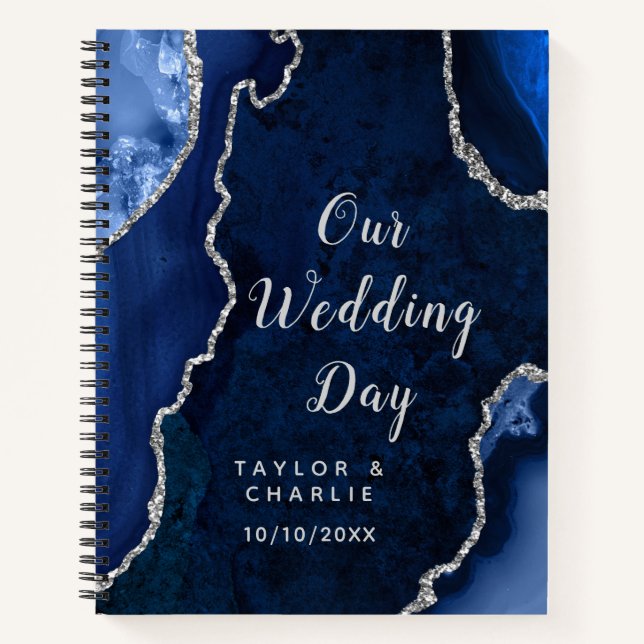 Cuaderno Planificador de Bodas Azul Marino y Ágata Plateada (Anverso)