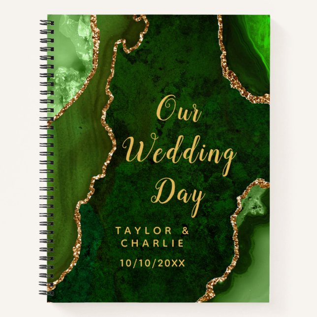 Cuaderno Planificador de Bodas de Ágata Verde y Dorada (Anverso)