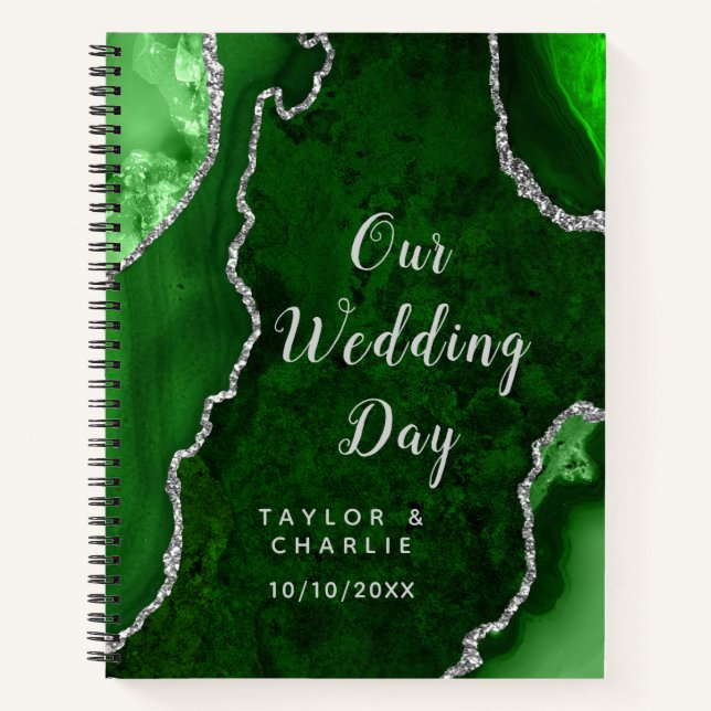 Cuaderno Planificador de Bodas de Ágata Verde y Plateada (Anverso)