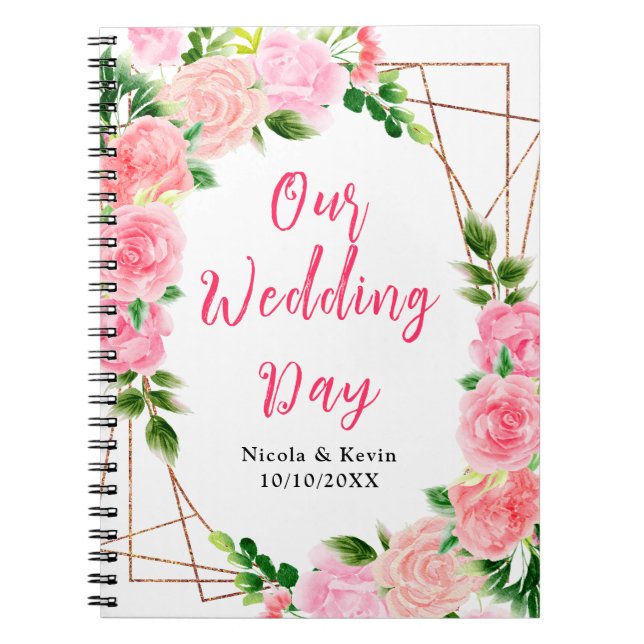 Cuaderno Planificador de Bodas de Rosas Rosadas con Follaje (Frente)