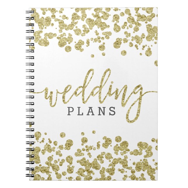 Cuaderno Planificador de casamiento de Confetti blanco y or (Frente)