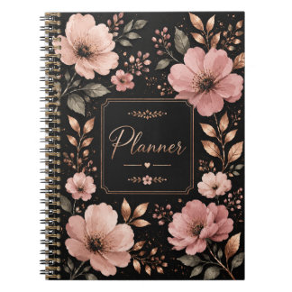 Cuaderno Planificador Floral de Oro Rosa y Negro