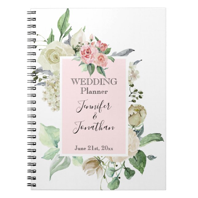 Cuaderno Planificador tradicional de casamiento rosa y blan (Frente)