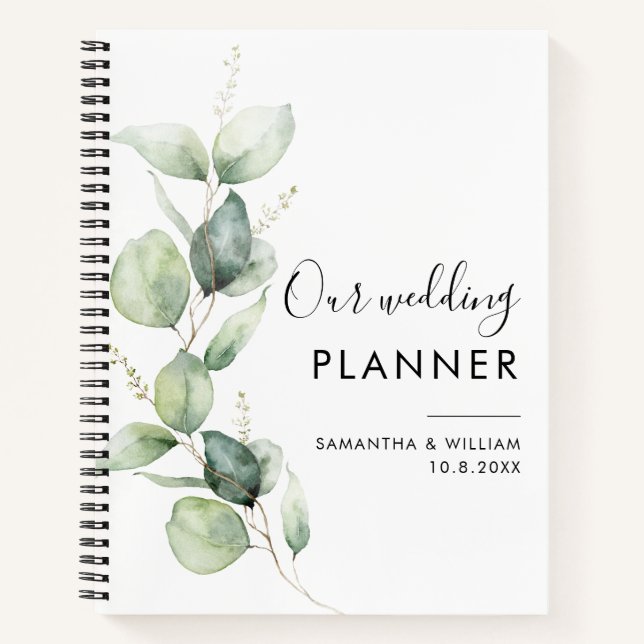 Cuaderno Planner de bodas botánicas para eucalipto moderno (Anverso)
