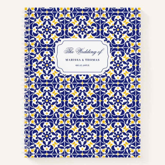 Cuaderno Planner de casamiento azul y amarillo para mosaico (Anverso)
