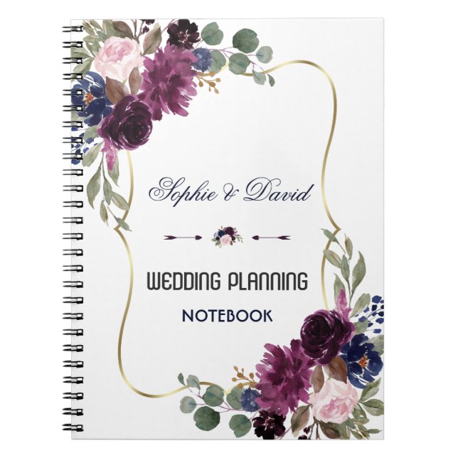 Cuaderno Planner de casamiento floral de oro azul de la Mar (Frente)