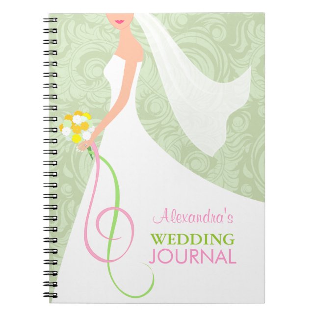 Cuaderno Planner de diario de Boda de novia Damask Sage Gre (Frente)