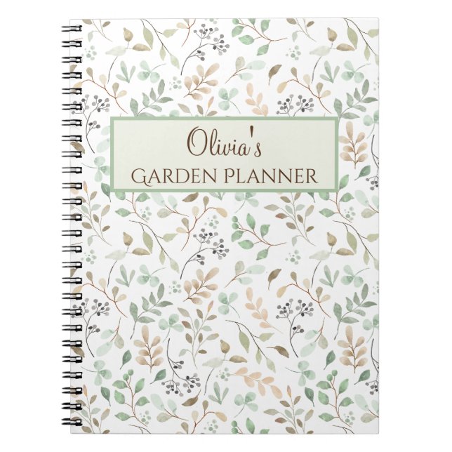 Cuaderno Planner de jardín floral verde y marrón personaliz (Frente)
