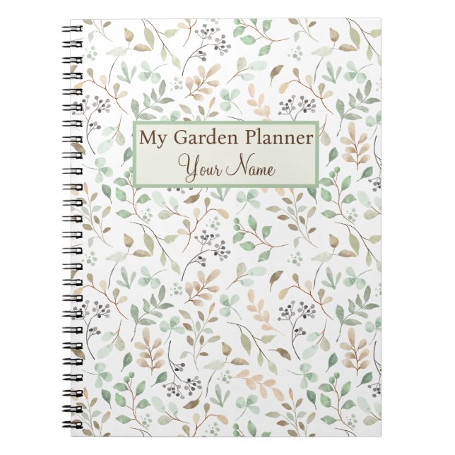Cuaderno Planner de jardín floral verde y marrón personaliz (Frente)